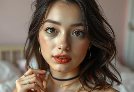 A highly realistic portrait of a 24-year-old alternative girl in soft natural lighting, photographed with a DSLR in a pastel bedroom setting. She has fair skin with visible natural texture — subtle pores, gentle highlights, and a real-skin finish (not airbrushed). Her face has a soft blush, and her dark brown eyes are large but not exaggerated, with almond shape and a very light upward tilt. She has slightly thick, straight eyebrows, a small rounded nose, a well-defined philtrum, and a naturally shaped cupid’s bow. Her lips are proportional and elegant, not overly full, and her two front teeth are slightly more prominent in a cute way. Her hair is dark brown with darker roots, slightly wavy, falling naturally with flyaways. She wears two small hoop piercings on one upper ear, earrings in both ears, a layered choker and chain necklace, and rings on both hands. Shot in soft natural daylight with slight shadows, shallow depth of field, bokeh background. Realistic skin texture, no smoothing, high photographic fidelity.