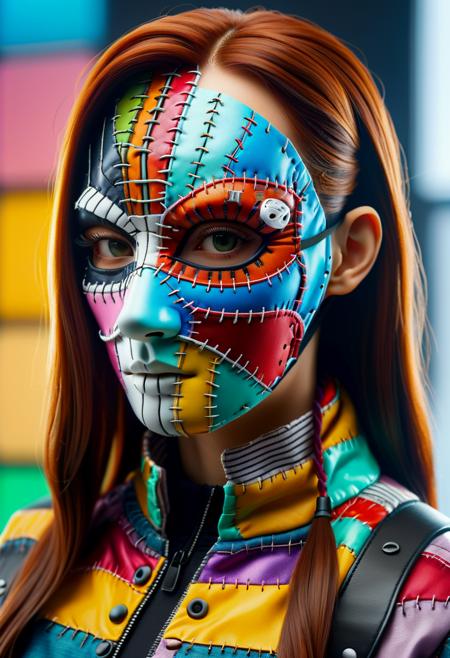 hyper detailed masterpiece, dynamic realistic digital art, awesome quality,DonMFr4nk3nst31nXL patchwork  female hypermethylen, holo-conference organizer,, mask, sewn togather  <lora:DonMFr4nk3nst31nXL-000008:0.8>