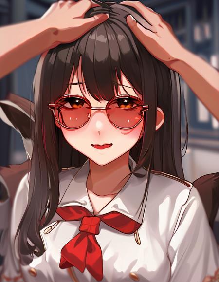 <lora:sdxl_headpat_v1-000075:1.0> petting mad anime girl, wearing a bad Groucho Marx disguise black sunglasses and moustache, disguised, beautiful anime drawing