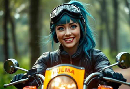 cinematic, photorealistic, a fair skinned woman with aqua ponytail hair with bangs, blue eyes, racing goggles, smiling, happy, wearing motorcycle gear, riding a motorcycle through a forest, her name is "Bulma"