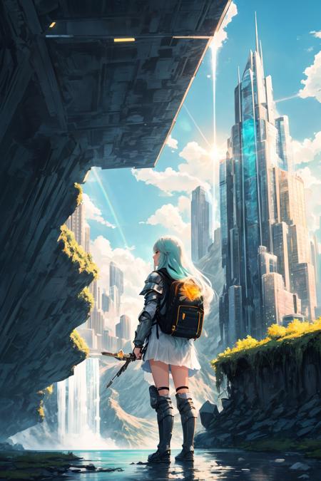 crystal armor, <lora:Crystal-fC-V1:1>, cityscape, city, cloud, scenery, skyscraper, building, cloudy sky, sky, long hair, from behind, outdoors, bird, ruins, 1girl, sunlight, tower, facing away, city lights, green hair, water, sunbeam, light rays, bridge, post-apocalypse, tree, backpack, very long hair, lens flare, knee boots, mountain, river, waterfall, white hair, solo, weapon, skyline, rainbow, neon trim