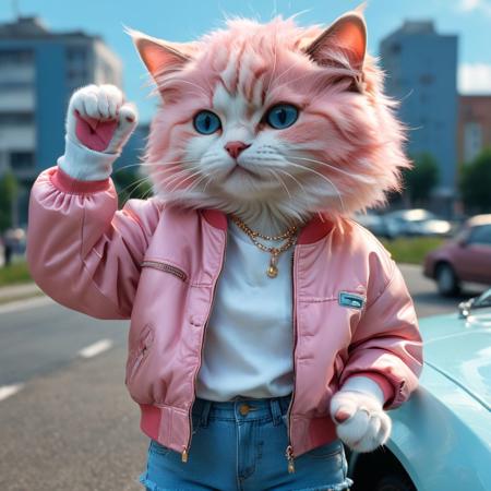 (masterpiece, best quality, absurdity, hi-res, ultra-detail: 1. 2), soft lighting, high contrast, ((cat)), gaze into the distance, dynamic movement, ((dynamic pose)),solo, perfectly drawn hands, one hand placed on the head in a two-fingered greeting, the other hand clenched into a fist, pastel pink and blue clothes, retro clothes of the 80s, ((blue jean shorts, pastel blue with pink accent jacket, bomber jacket, open jacket, white t-shirt under the jacket, white sneakers)), jewelry, (multicolored), (retro aesthetics, steam wave aesthetics), outdoors, white retro 80s car in the background, ((white car)), tall car details, , sun visor on car windshield, water in the background, cityscape in the distance
<lora:SDXL DET more_art-full_v1:0.9>, <lora:extremely_detailed:4.1>,