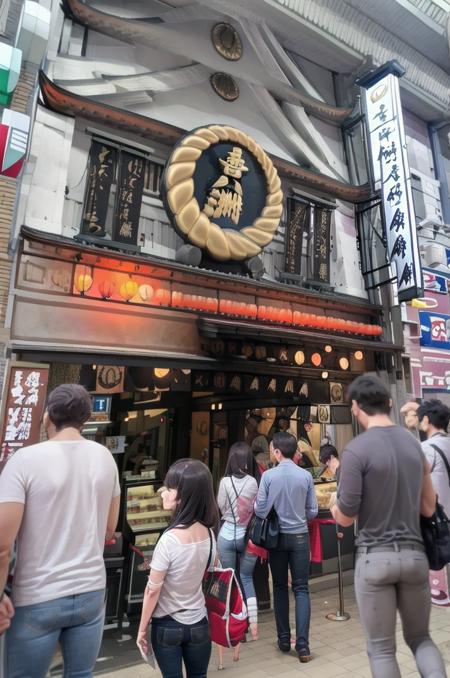 kiyasusouhonpo, storefront, architecture, multiple boys, multiple girls, bag, pants, paper lantern, east asian architecture, lantern, long hair, shirt, 6+boys, jeans, black hair, crowd, real world location, outdoors, building