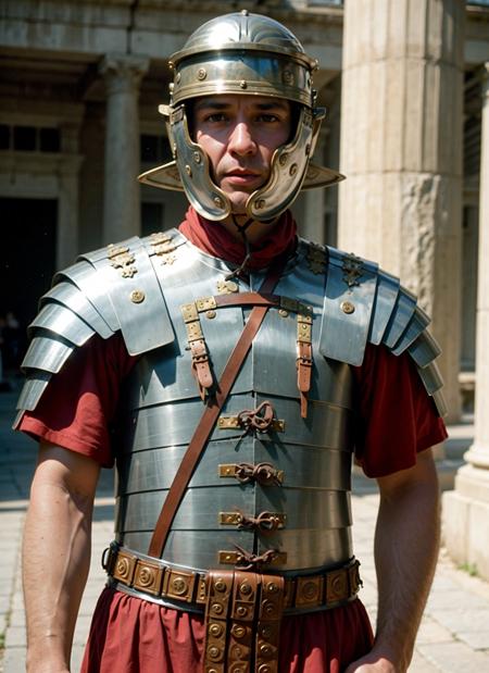 a man wearing loriseg armor and helmet in ancient greek temple, red tunic, columns, brazier,  film still <lora:loriseg_V2-10:0.7>