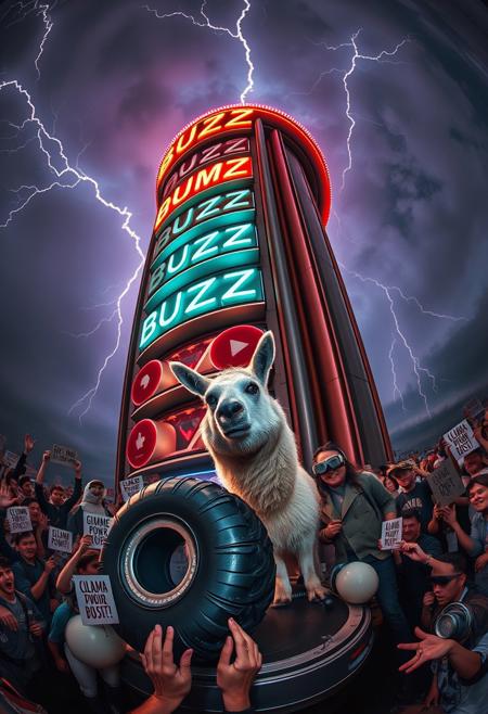 Captured with a cinema-grade 12mm fisheye lens, the surreal scene unfolds around the towering “BUZZ MONOLITH”, curving into the clouds. Its neon buttons—“GIMME,” “BUZZ,” and “OVERLOAD”—bulge outward, glowing intensely as crackling lightning arcs illuminate the moody dusk sky. The lens’s distortion emphasizes the machine’s absurd, larger-than-life scale.
At its base, a llama with sweat-matted fur struggles to push a tractor-tire-sized coin toward the oversized slot. Its determined expression, bulging eyes, and trembling legs are captured in vivid detail. Around it, a chaotic crowd of humans and anthropomorphic animals cheer wildly, their signs—“LLAMA POWER!” and “BUZZ OR BUST!”—warping with the lens’s curvature. Nearby, a penguin DJ spins on a metallic turntable, neon lights reflecting off its glossy surface.
Above, a sly tabby cat in a cyberpunk trench coat and glowing VR goggles scales the monolith, a grappling hook in tow. Its neon-lit goggles glow sharply as it approaches the flickering sign “FEED ME YOUR BUZZ,” warped into an ominous curve by the lens.
The fisheye’s distortion adds drama, exaggerating the scale of the machine and the chaos of the crowd. From the rain-slicked ground to the vibrant neon reflections, every detail pops in this cinematic snapshot of determination and mischief.