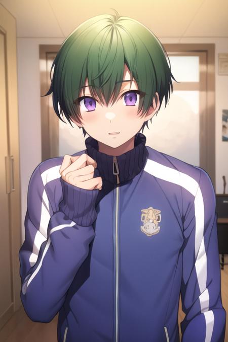 masterpiece, best quality, high quality, 1boy, solo, male focus, looking at viewer, upper body, <lora:takaharu_ootomo:0.56>, takaharu_ootomo, purple eyes, green hair, , track suit