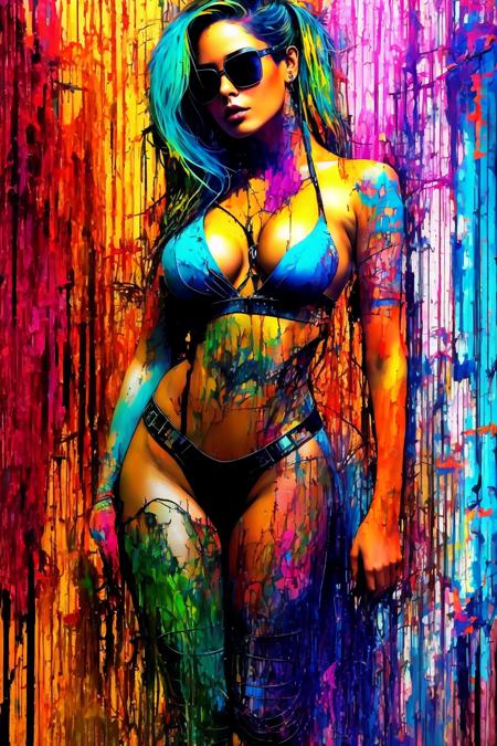 full color (Grafitti art) of nude squatting cyberpunk woman with cyberpunk-sunglasses, high heel shoes, (perfect hourglass figure),(perfect perky tits), (((Grafitti art) (by Carne Griffiths))), on a photographic red-brick wall background, insane details, intricate details, hyperdetailed, low contrast, soft cinematic light, dim colors, exposure blend, hdr, faded