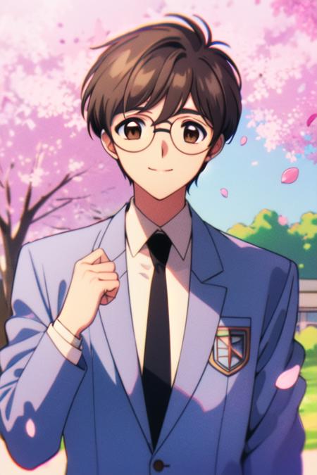 masterpiece, best quality, <lora:tsukishiro_yukito:0.7> 1boy, male focus, glasses, brown eyes, necktie, solo, cherry blossoms, school uniform, smile, outdoors, shirt, bag, grey hair, upper body, jacket, petals, hand up, black necktie, tree, facing viewer, white shirt, collared shirt, day, closed mouth, blazer, long sleeves, 1990s \(style\), retro artstyle,