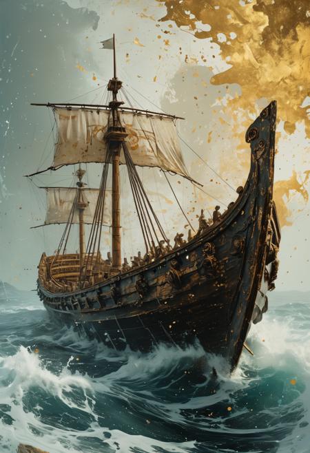 A stunning portrait of an ancient greek trireme in high seas, detailed, high resolution, eerie, atmospheric, foreboding (in the style of Luis Royo painting) Dean Cornwell, design, 1970s, Russian Constructivist style, double exposure, volumetric lighting, expressive, Antikythera mechanism, ink spattered background, warm colors, space, art deco, splatter, Japanese Woodblock print, planar rectilinear shapes, extreme energy, dynamic posing, Dutch angle, white, golden, ethereal