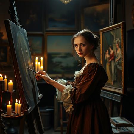 Reneissance painter woman painting in her 18th century art studio which is dimly lit by candles. she has determined look and moving her paintbrush across canvas, her studio is full of different finished and unfinished paintings, masterpiece, dramatic light.