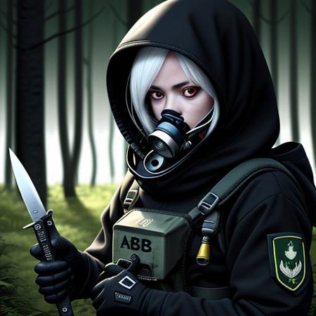 Girl,red eyes, white hair, with rebreather and special soldier black uniform with hood. 
With a knife in the forest, night vision