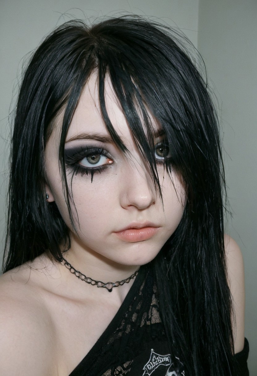 score_9, score_8_up, score_7_up, photo \(medium\), realistic, photorealistic, goth, eyelashes, bare_shoulder, alternate_hair_color, collegesluts, face_fucking