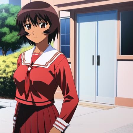 <lora:KaguraLoRA:1>, masterpiece, detailed, 1girl, solo, (full body) kagura, brown hair, short hair, brown eyes, dark skin, looking at viewer, school uniform, serafuku, (red shirt), (red skirt), (red tie), outdoors, lighting