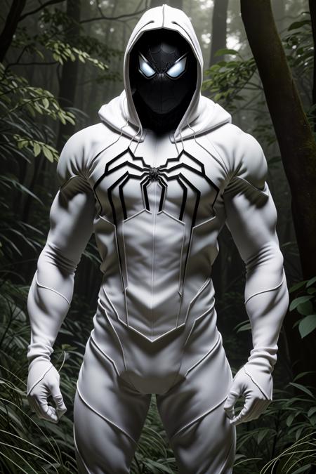 <lora:armspiderverse_v3:1> armspiderverse
masterpiece, highly detailed 8k raw photo, best quality, volumetric lighting and shadows, render in arnold
a man in white spidersuit, (Hands on hips, displaying impatience:1.2), hood, cape
forest background