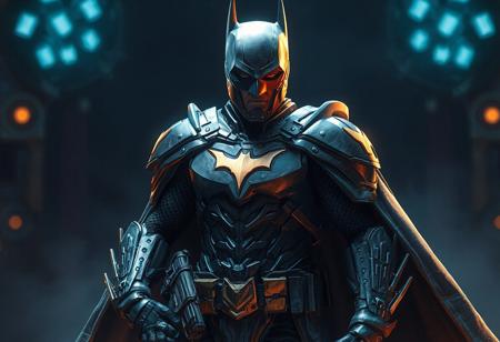 "Create a highly detailed, lifelike depiction of Batman in full Gravitation armor, inspired by Samuel F.B. Morse and Ralph McQuarrie, with a destiny concept art style. The color palette should be grey and gold. Include pulse rifles and a heavy cloak. The image should follow the rule of thirds, with a slightly noisy color scheme. This artwork should be trending on ArtStation with a vibrant 8k resolution."