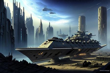 a space pirate battleship among the ruins of an advanced, futuristic city