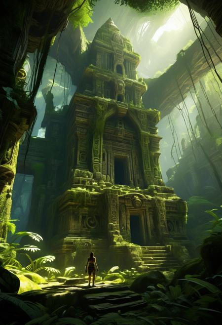 Fantasy-style image depicting a Lara Croft type character wandering through a mystical forest scene with a large, overgrown temple integrated into the landscape. The layout features towering, intricately carved alien gods made of stone, weathered and cracked, covered in moss and vines, being absorbed into the landscape with dense foliage surrounding them. Sunlight filters through the thick canopy above, casting a soft, ethereal glow on the scene. The forest is rich with greenery, including various plants and trees, creating a sense of ancient, untouched nature. The overall atmosphere is serene and magical, evoking a sense of wonder and mystery.