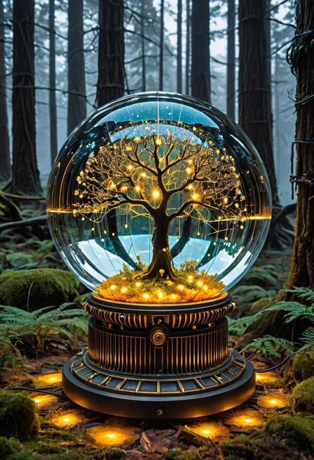(masterpiece, best quality, highres:1.2), (photorealistic:1.2), (intricate and beautiful:1.2), (detailed light:1.2), (colorful, dynamic angle),
A hyper-realistic close-up of a crystal ball, resting on a weathered colorful pedestal, pedestal made out of Transistors, pedestal is carved with intricate runes, runes glowing faintly in amber LED, detailed,
BREAK inside the crystal ball, a tree made of Transistors, electricity appears to shock the heart from the edges of the crystal ball, with subtle flickers of light illuminating the swirling smoke patterns, 
BREAK Background, Dramatic lighting, rolling fog, intense highlights, deep shadowy contrasts, creating a powerful, moody atmosphere, Hyperdetailed colorful LED lights create glowing ember effects, intricate reflections, in a spooky forest, depth of field,
organic armor shaped like insect shells and glowing mycelium, helmet visor displaying Transistors readouts,  tracking luminous footprints across an alien terrain of fungal towers and crystal pools, masterpiece, high score, great score, absurdres, 
Style: Whimsical, colorful LED lights,
Color Palette: Warm, inviting colors; golden browns, 
Lighting: Soft and warm lighting to enhance the coziness
Aesthetic: Fun, charming, and delicious