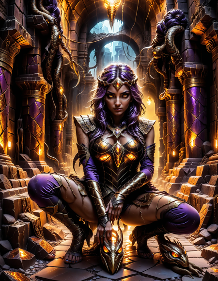 masterpiece, best quality, amazing quality, very aesthetic, absurdres, highly detailed, cinematic, realistic BREAK
1girl, Odd Eye, purple eye, gold eye, legs out of frame,Medusa, snake BREAK
underground city, cracked crystals, glowing golden light, light inside crystals, ancient stone buildings, ruined architecture, fantasy ruins, mysterious underground, 
glowing spider eyes, fantasy underground world, magical crystals, golden glow mist, dark cavern city, decayed temple, web-covered ruins, ancient fantasy city, mythical underground monster
 <lora:dvr-rst:0.8> , dvr-rst <lora:add-detail-xl:1> <lora:cfg_scale_boost:0.6>