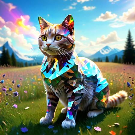hologram h4v_h0l0 cat. cat made of holograms, multicolor, refracting light, holographic shards, vibrant hues, meadow, golden hour, depth of field, clouds, corpuscular rays, masterpiece, <lora:Holography:1.0> <lora:DetailTweakerXL:1.0>