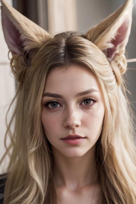 young swedish girl, laying on grass, crawling, on all four, albino, eyes close-up, looking up, portrait, white loose light translucent summer dress, selfie, big hair, long messy white wavy hair, huge very long silky fennec ears, animal ear fluff, fox tail, depth of field, big ice color eyes with long white eyelashes, white eyebrows, round rich big plump parted lips, very strong freckles, curious, cute, innocent, outside, sun from the side, rim light.
(RAW photo:1.2), (photorealistic:1.4),(masterpiece:1.3),(best quality:1.4),ultra high res,(detailed eyes),(detailed facial features),HDR,8k resolution, solo focus, skin tight, (shiny skin),(slender girl), dreamlike, (extreme detailed illustration),
extreme detail, perfecteyes eyes, very sharp, hyper realistic, colorful, saturated, bloom, lens flare, bright