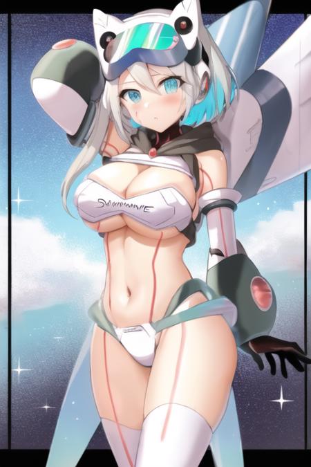 ico_megamanxdive, 1girl, blue eyes, solo, white hair, android, mecha musume, large breasts, cleavage, blush, goggles, goggles on head, navel, black gloves, short hair, thighhighs, <lora:iCO_MegaMan_XDiVE_V-10:1>