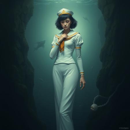 Create a high-quality, 8k, hyperdetailed artwork of a fancy woman in a sailor uniform, standing in a deep sadness pose, within a Different Dimension Deepsea Trench setting. Incorporate a white and gold color scheme, with a focus on micro details, lifelike details, and adherence to the golden ratio. The artwork should evoke a sense of suffering and derangement, while maintaining a surrealistic and dramatic tone. Adopt the style of artists like Charlie Bowater, Tom Bagshaw, Lawrence Alma-Tadema, Greg Rutkowski, and Tyler Edlin.