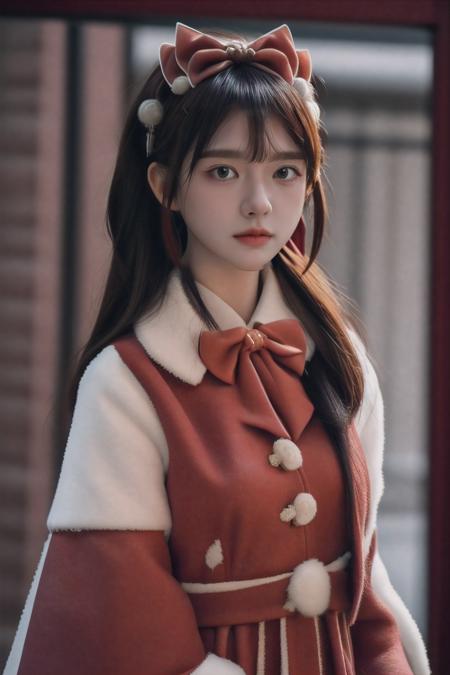 best quality, masterpiece, Highly detailed, extreme detail description, Professional, 1girl, <lora:neg4all_bdsqlsz_V3.5:1>, photo \(medium\), <lora:PAseer-SD15-LCM Quick:1>, <lora:ip-adapter-faceid-plusv2_sd15_lora:1>, <lora:chinese_new_year_dress_style1_v1:1:lbw=CLOTH>, cyb dress, layered dress, long sleeves, hair bow, frilled dress, overcoat, bowtie,