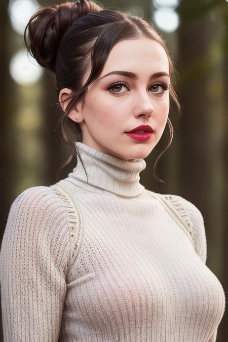 photo of (emmafuhrmann:0.99), a woman as a sexy TikTok influencer, (outdoors, forest, snow), ((reddish brown hair, fancy updo, hair in bun):1.1), modelshoot style, (extremely detailed CG unity 8k wallpaper), ((turtleneck sweater)), ((lipstick, eyeliner, eye shadow)), photo of the most beautiful artwork in the world, professional majestic (photography by Steve McCurry), 8k uhd, dslr, soft lighting, high quality, film grain, Fujifilm XT3 sharp focus, f 5.6, High Detail, Sharp focus, dramatic, (looking at viewer:1.2), ((detailed eyes, detailed face):1.2), (natural light), ((closeup, portrait):1.1)