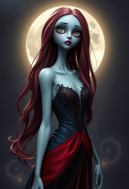 "Adonna" A stunning reimagining of Sally from The Nightmare Before Christmas, designed as a beautiful and stylish figure while maintaining her iconic stitched-together appearance. She has soft, pale blue skin with intricately detailed stitches running across her body, stitched mouth, now resembling elegant embroidery. Her long, flowing red hair cascades like silk, catching subtle glints of moonlight. She wears a modern, high-fashion gown inspired by her patchwork dress, redesigned with a sleek silhouette and bold, contrasting textures, blending delicate lace, velvet, and satin in deep, moody hues like midnight blue, crimson, and black. The background is a softly lit, ethereal scene with a full moon glowing behind her, surrounded by whimsical swirls and patterns reminiscent of Tim Burton’s aesthetic. Her eyes are large and expressive, framed with delicate eyeliner and a subtle shimmer, conveying both mystery and charm. Dramatic lighting enhances her features and highlights the textures of her ensemble, creating a dreamlike and gothic-chic ambiance.