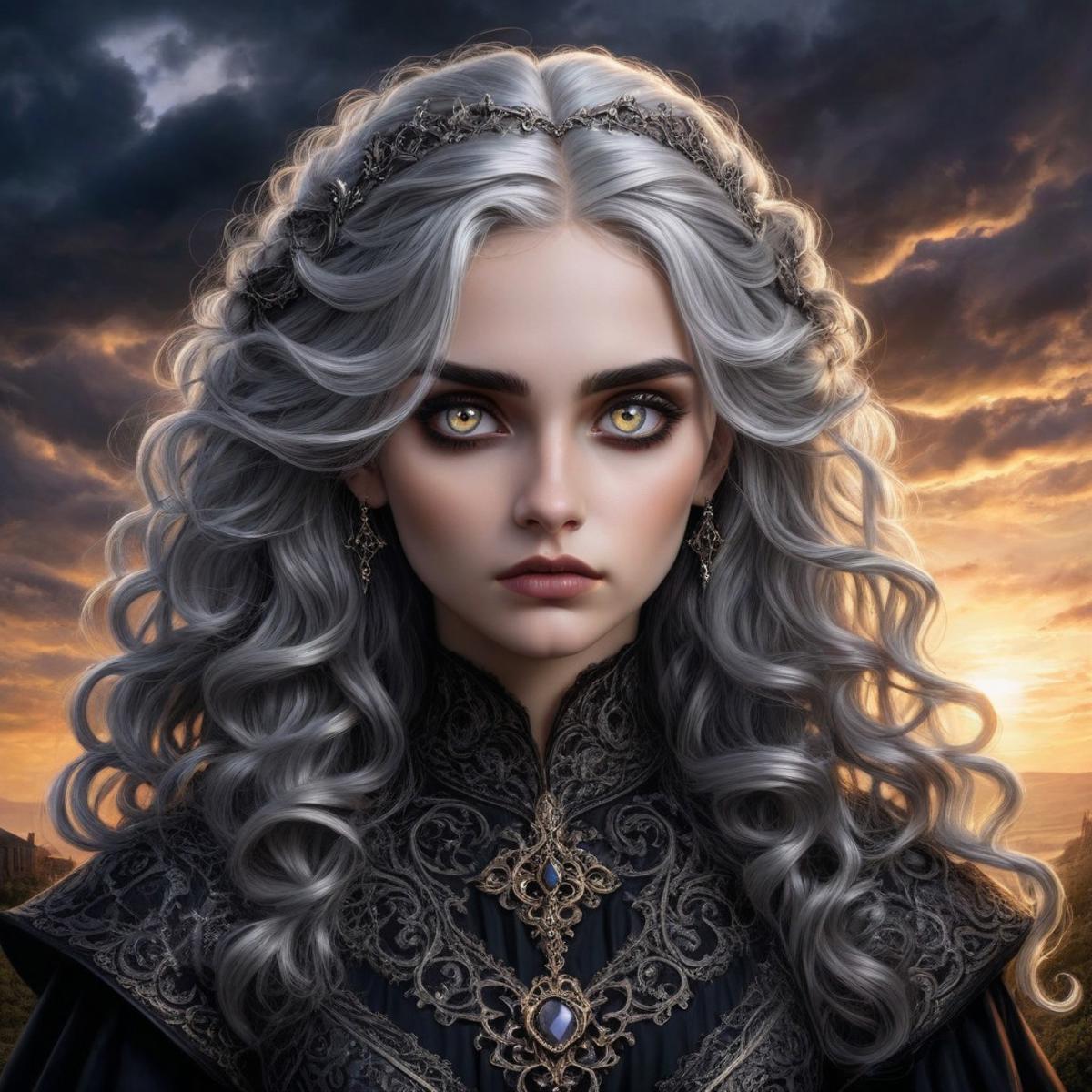 , dramatic sunset, hyperrealistic gothic art style, dark and moody, intricate details, rich colors, dramatic lighting, ornate patterns, medieval inspired, mysterious atmosphere, high contrast, artistic and elegant
wavy hair, silver hair, glowing eyes,