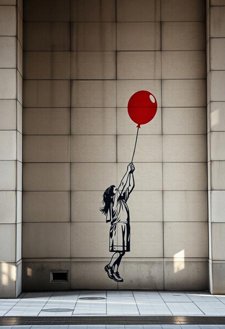 A large-scale street mural depicting a child holding a red balloon, but instead of a city wall, it is painted onto a minimalist, textured stone façade, making the scene feel both poetic and deeply impactful.minimalist brutalist architecture meets provocative stencil street art, raw concrete and stone textures blending with high-contrast political imagery, atmospheric lighting with conceptual urban intervention, muted neutral tones with striking visual contrast, introspective space meets rebellious social critique