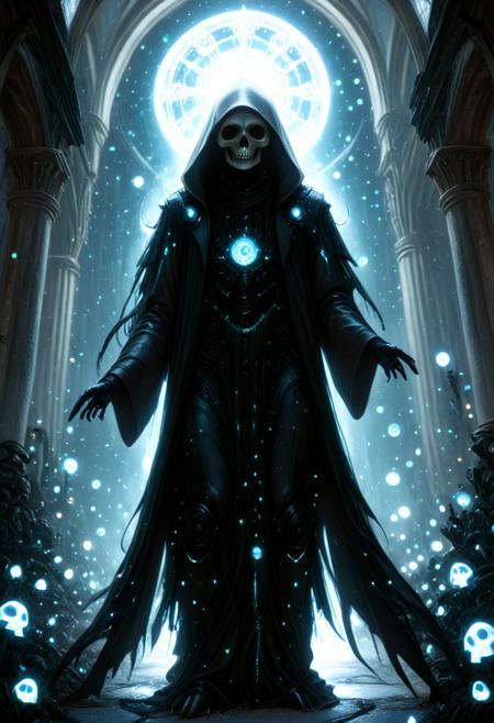 A great illustration of a grim reaper, bokeh, looking at viewer, Bioluminescent World, church background, masterpiece, absurdres, vibrant, cyberpunk gothic fusion, futuristic gothic fantasy, dynamic angle, dynamic pose, dramatic light, highly detailed, high resolution textures, ultra high resolution, futuristic, biomech vibes, mobe-cybideen, mobe-godeen,