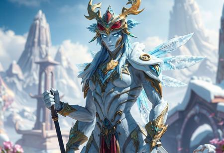 "Explore the dynamic and intricate details of a Frost Monarch, Mobius, standing ready for action amidst a stunning Fallen Paradise backdrop. Adorned with vibrant blue and gold accents against a predominantly white body, the Monarch's red visor adds a striking contrast. The lifelike details and vivid emotions are enhanced with sharp lines, harmonious colors, and a captivating dynamic pose. This stunning matte painting boasts impeccable composition, a well-timed moment, and intentional focus. Found trending on ArtstationHQ, CGSociety, and Behance, this highly detailed 8K masterpiece is a testament to the artist's skill with Octane Render, Unreal Engine 5, and Raphael Style techniques."