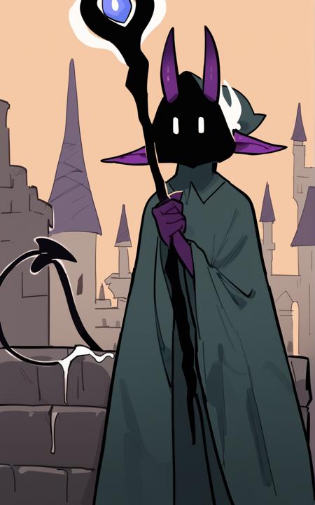 score_9, score_8_up, score_7_up,((best quality)), absurdres, <lora:BolivanteStyle:0.8>,  <lora:MPXL:0.8>, MPXL, MPXL, horns, pointy ears, purple skin, cloak, green cloak, horns through hood, hood, hoodie, faceless, ears through hood, white eyes, tail, demon tail,rocks, holding staff, town,solo, castle, asia, magic