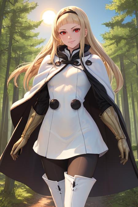 masterpiece, best quality,    <lora:OneDrakenGardV1-000080:1>, One, 1girl, blonde hair, red eyes, long hair, looking at viewer, smirk, standing, forest, trees, sun, sky, thigh boots, pantyhose, white capelet, white cape,