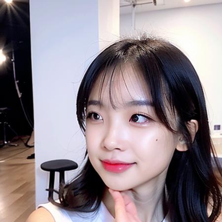 <lora:bingbing_v0.2:1> <lora:koreanDollLikeness_v15:0.66>, best quality, ultra high res, (photorealistic:1.4), 1girl, sleeveless black dress, studio, bare shoulders, cute, (Kpop idol), (aegyo sal:1), (platinum blonde hair:1), ((puffy eyes)), looking at viewer, facing front, smiling, laughing