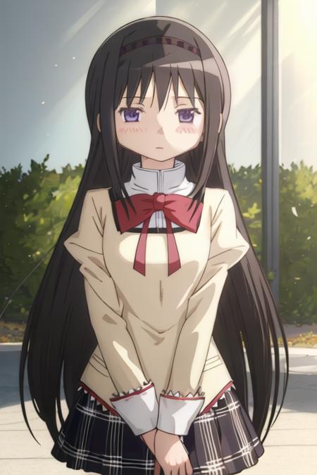 best quality, masterpiece, highres, solo, {akemi_homura_puellamagimadokamagica:1.15}, black_hair, long_hair, hairband, purple_eyes, blush, 1girl, bow, mitakihara_school_uniform, school_uniform, head_out_of_frame