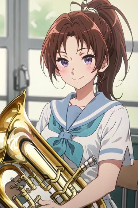 best quality, masterpiece, highres, solo, {nakagawa_natsuki_soundeuphonium:1.15}, brown_hair, ponytail, long_hair, purple_eyes, blush, serafuku, closed_mouth, indoors, bangs, 1girl, blue_sailor_collar, holding, holding_instrument, instrument, kitauji_high_school_uniform, sailor_collar, school_uniform, shirt, white_shirt, green_background, neckerchief, smile, portrait