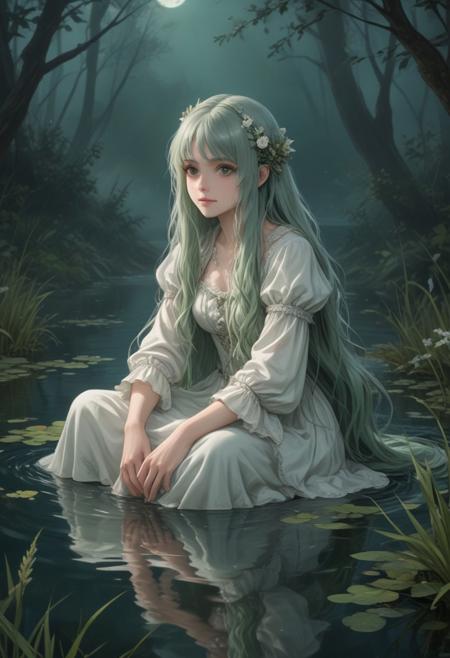 score_9, score_8_up, score_7_up, score_6_up, dynamic, (anime, masterpiece), best quality, (8k), detailed background, sharp focus, intricate, ambient lighting, super high quality, hyper detailed background, cinematic lighting, adult, double tone long hair, medium breasts, verybadimagenegative_v1.3, mature, fantasy, Rusalka, Silvery hair flowing like water in the moonlit lake,Emerald eyes sparkling beneath the surface,Delicate dress woven from river reeds and flowers,Vivid green scales adorning her hands and feet, hinting at her aquatic nature,Soft, haunting song echoing through the misty air,eerie smile as she beckons from the water's edge,Reflections of past lives shimmering on the water's surface, sitting