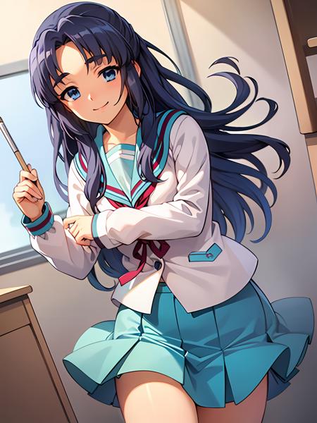 (exceptional, best aesthetic, new, newest, best quality, masterpiece, extremely detailed), asakuraryouko, kita_high_school_uniform, smile, classroom