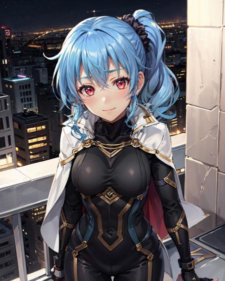 best quality, (masterpiece:1.2), illustration, absurdres,
(1girl), (solo), (beautiful detailed girl),  from above,
<lora:ClaireIronblood-08:0.8>, blue hair, side ponytail, scrunchie, red eyes, medium breasts,
black bodysuit, skintight bodysuit, white capelet, white waistcloak,
looking at viewer, gentle smile,
night, on balcony, city lights, starry sky, overlooking city,