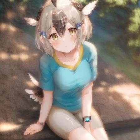 kusomeepchan, 1girl, ((solo)), shirt, beige hair, short sleeves, head wings, bird tail, beige bike shorts, short hair, hair between eyes, aqua t-shirt, shirt writing, bangs, hair tubes, yellow eyes, feather hair ornament, sidelocks, bare arms, watch, detailed shading, detailed ambient light