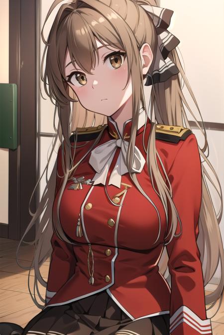 isuzusento, <lora:isuzusentotest:1>, 
isuzu sento, ahoge, (brown eyes:1.7), light brown hair, long hair, ponytail, hair ribbon, ribbon, (medium breast:1.2),
BREAK aiguillette, ankle boots, black ribbon, black skirt, boots, brown footwear, cross-laced footwear, frilled skirt, frills, jacket, lace-up boots, military, military uniform, pleated skirt, (red jacket:1.5), skirt, thighhighs, uniform, white thighhighs, white ribbon, buttons, sleeveless,
BREAK looking at viewer,
BREAK indoors, classroom,
BREAK <lora:GoodHands-vanilla:1>, (masterpiece:1.2), best quality, high resolution, unity 8k wallpaper, (illustration:0.8), (beautiful detailed eyes:1.6), extremely detailed face, perfect lighting, extremely detailed CG, (perfect hands, perfect anatomy),