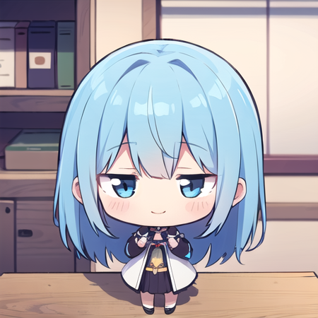 <lora:hotarueye_jitome17_v100:1>, 1girl, (chibi:1.4), smile, closed mouth, dynamic angle, standing, , blue hair, indoors