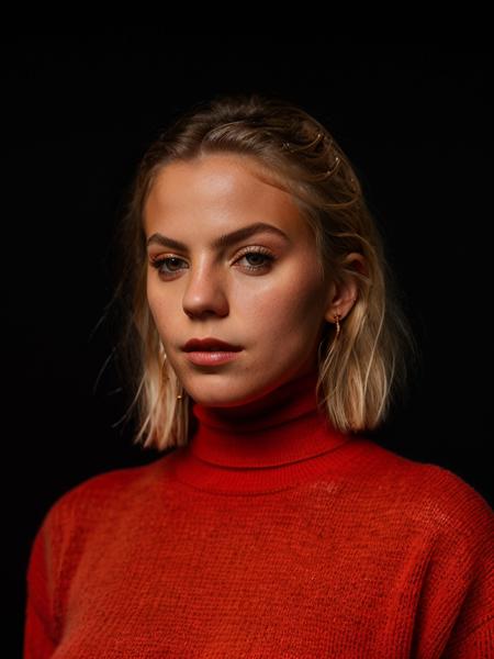 Realistic photo of a beautiful r3n33r woman, 1girl,solo,looking at viewer,short hair,blonde hair,simple background,upper body,mole,sweater,lips,turtleneck,portrait,red background,realistic, soft lighting, professional Photography, Photorealistic, detailed, RAW, analog, sharp focus, 8k, HD, high quality, masterpiece<lora:r3n33r:1.0>