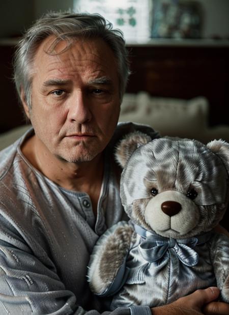 (<lora:MarlonBrandoOld:1>) ,a close up Portrait photo of (mbo1) man with grey hair, Detailed face, (perfect eyes), (highly detailed skin:1.1),   wearing a ((Pajamas, Slippers, Teddy Bear, Thoughtful Expression, Dreamy Aura)), ((holding a teddy bear in his arms)) Modelshoot style, Professional Photography, soft lighting, PHOTOREALISTIC, Realistic, layin in bed, blurred background, volumetric fog,. RAW, analog style, sharp focus, 8k, HD, DSLR, high quality, Fujifilm XT3, film grain, award winning, masterpiece,