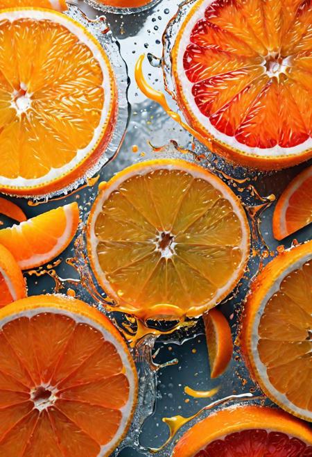 Captivating close-up shot of fresh orange slices, with a dynamic splash of vibrant orange juice adding a sense of energy and movement to the frame. The image highlights the intricate texture and deep, warm orange color of the fruit's skin, set against a vibrant orange color tone. This high-speed photograph captures the beauty of the oranges in stunning detail, showcasing the allure of fresh fruit and the artistry of food photography.