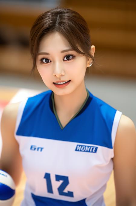 best quality, masterpiece, (realistic, photo-realistic:1.3), amazing, finely detail, ultra-detailed, highres, beautiful detailed Japanese girl, extremely detailed eyes and face, beautiful symmetrics eyes, ray tracing, 1girl, (brown hair), narrow waist, small breasts, sweat, detailed fingers, sportswear, (volleyball uniform:1.1), elbow pads, knee pads, volleyball court, volleyball net, good hand, indoor stadium, audience, heavy breathing, cinematic lighting, cowboy, short hair, depth of field, chewy, tzuyu, smile, <lora:xelor_TwiceTzuyu_3.0:1> <lora:VolleyballUniform_v20LyCORIS:0.9>