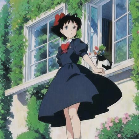 (masterpiece:1.2), best quality, masterpiece,1girl, black cat, black hair, bow, bush, cat, day, dress, flower, foliage, garden, grass, hair bow, house, hydrangea, indoors, ivy, kiki, leaf, morning glory, open mouth, open window, overgrown, palm tree, plant, potted plant, purple flower, rain, red bow, short hair, sky, sliding doors, smile, tree, veranda, vines, wall, window, yellow flower,<lora:Ghibli:0.8>